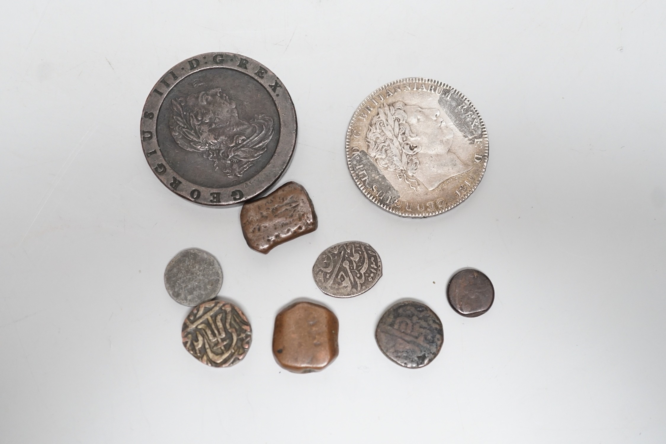 A George III 1797 'cartwheel' 2d, a George III 1819 silver crown and assorted Indian coinage.